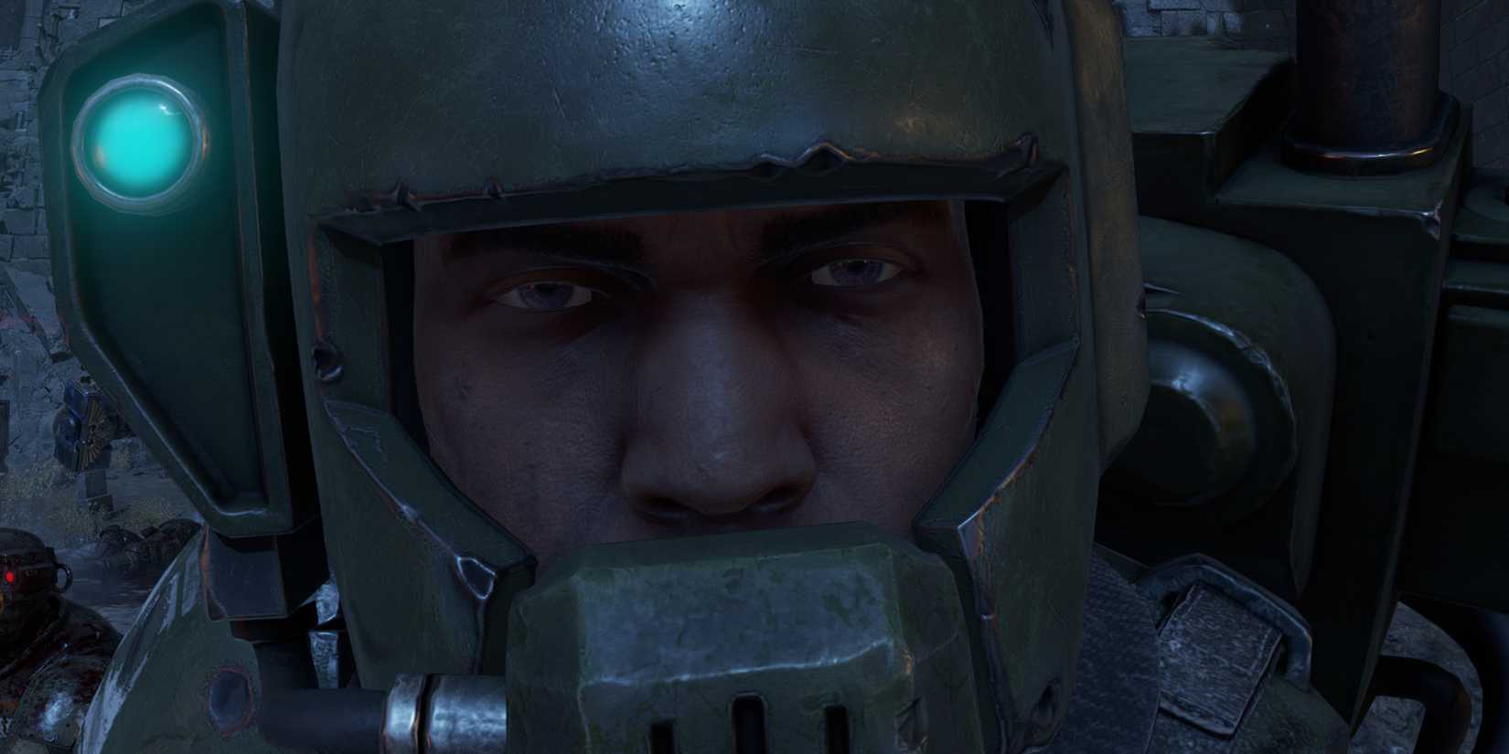 Cadian with purple eyes in Space Marine 2