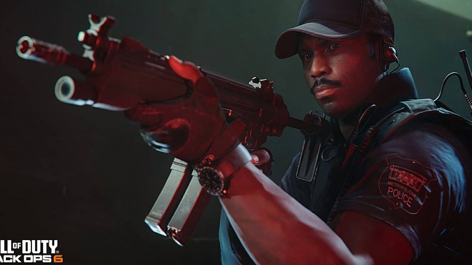 A Call of Duty Black Ops 6 Operator from the campaign aims a submachine gun in the darkness