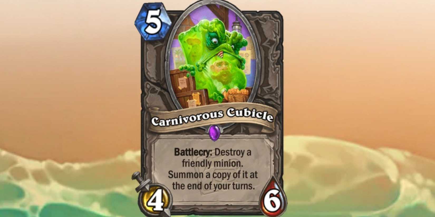 Carnivorous Cubicle card from Hearthstone on a beach themed background