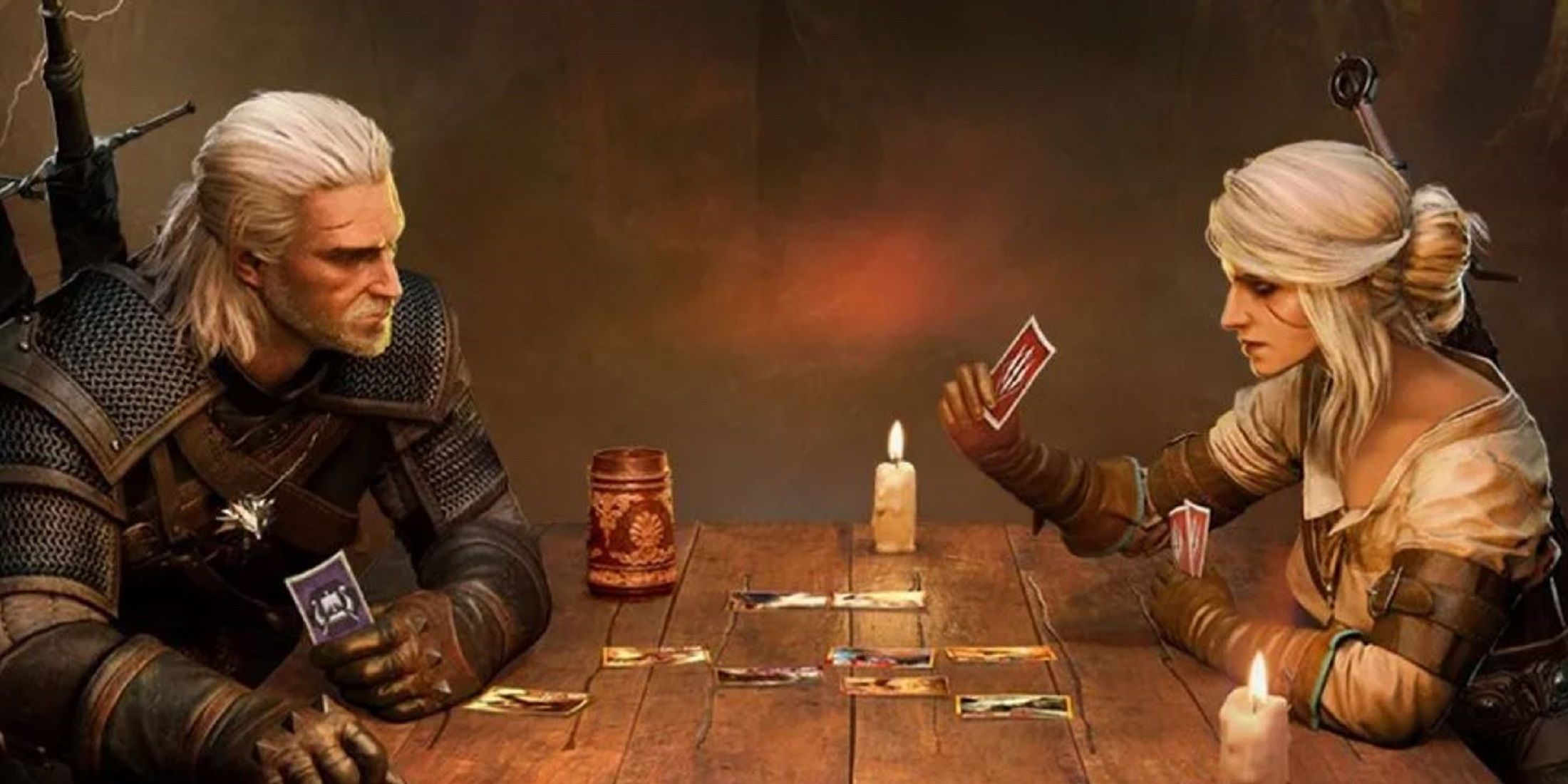 Geralt of Rivia and Ciri playing Gwent at a wooden table