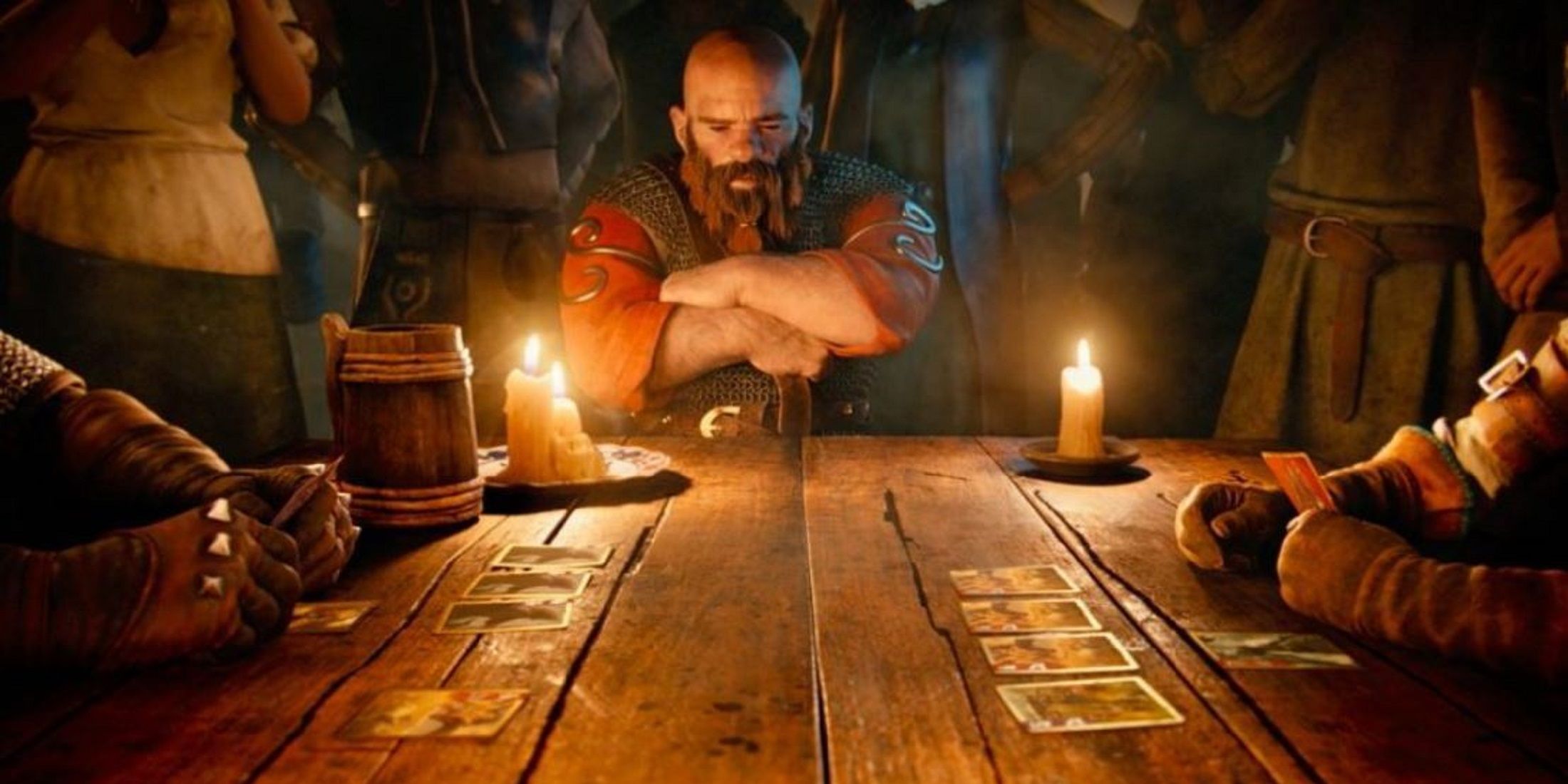 A tense Gwent game scene from The Witcher universe, featuring a dwarf character deeply focused on the card game