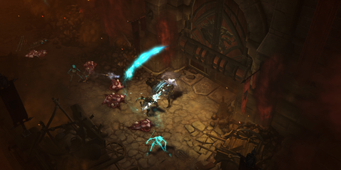 Character battles enemies in a dungeon in Diablo Rise of the Necromancer