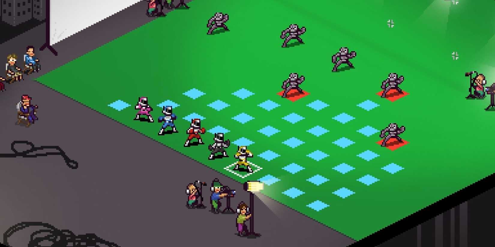 Characters fight enemies in a recording studio in Chroma Squad