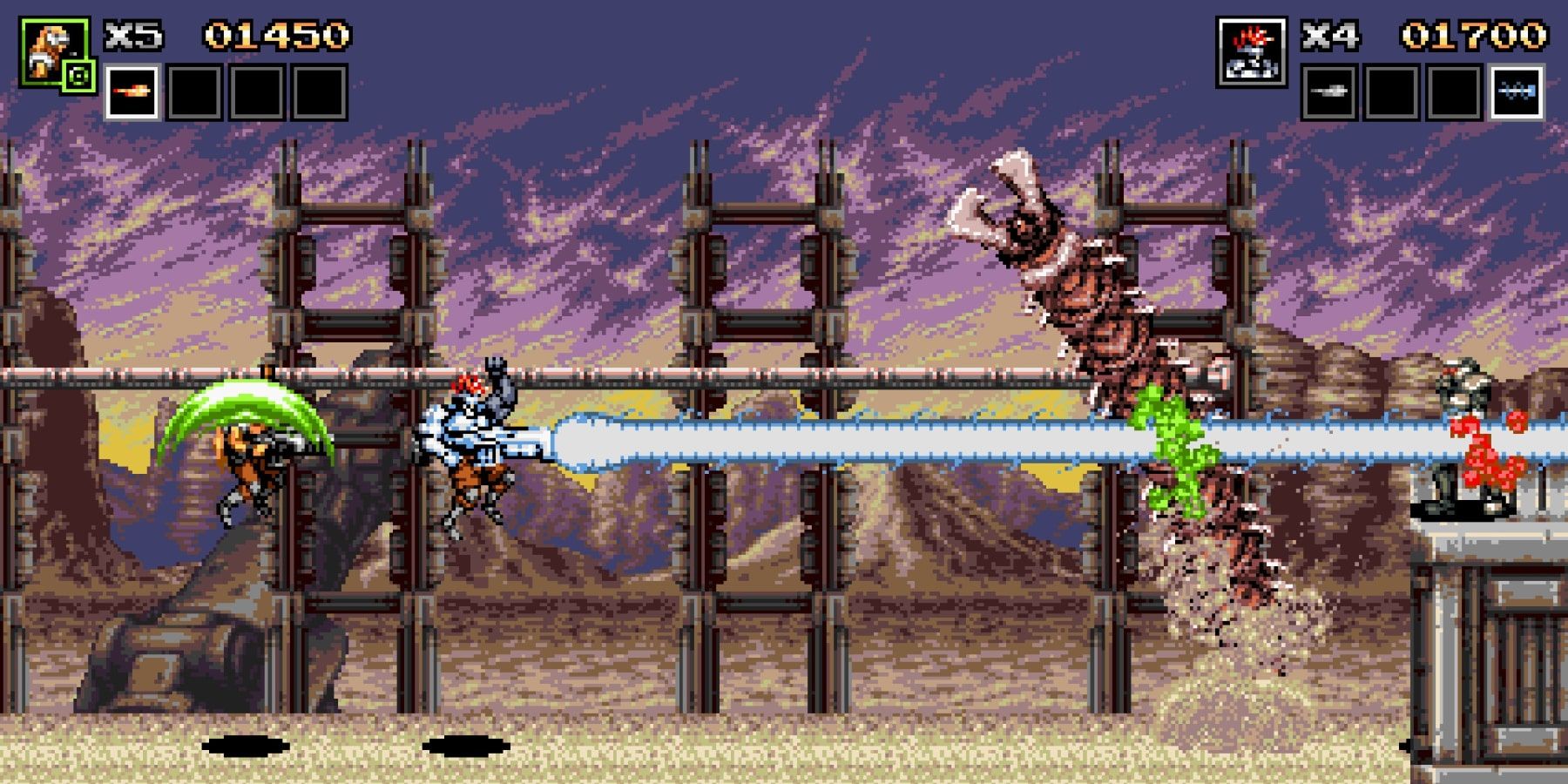 Characters fire lasers at enemies in Blazing Chrome