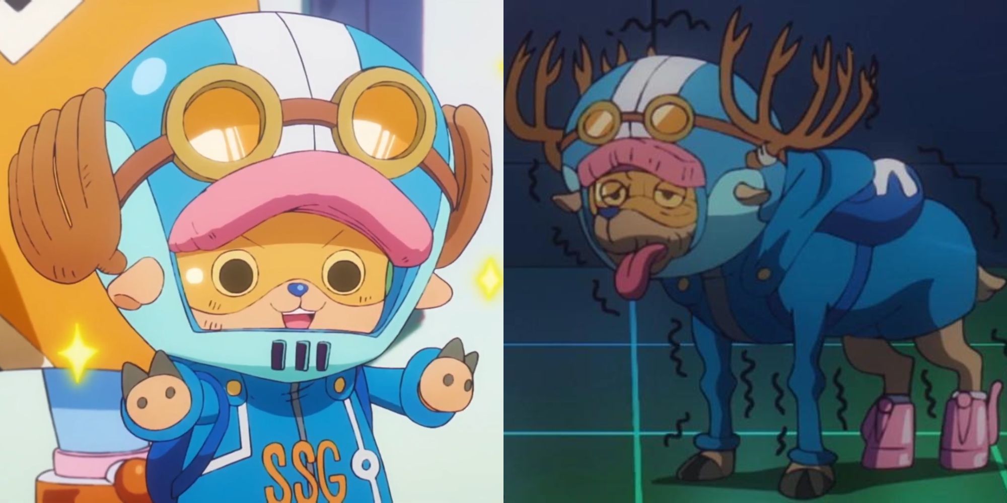 Chopper's Egghead Island costume, both in hybrid and reindeer form in One Piece.