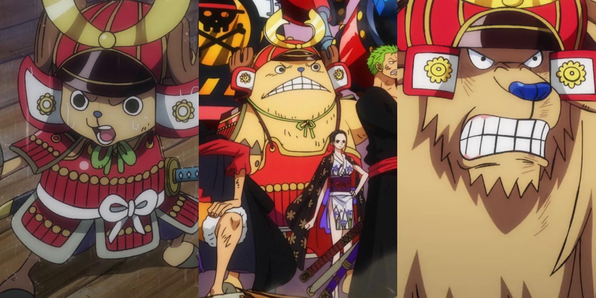 Chopper's Onigashima suit in his normal form, Kung Fu Point form, and his Monster Point form in One Piece.