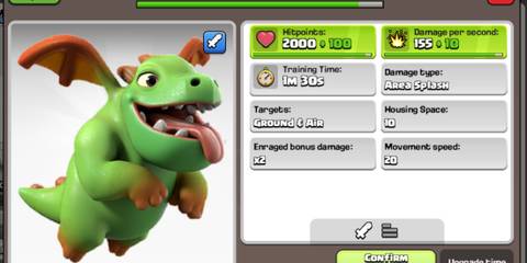 Clash of Clans Baby Dragon beside a display of its stats