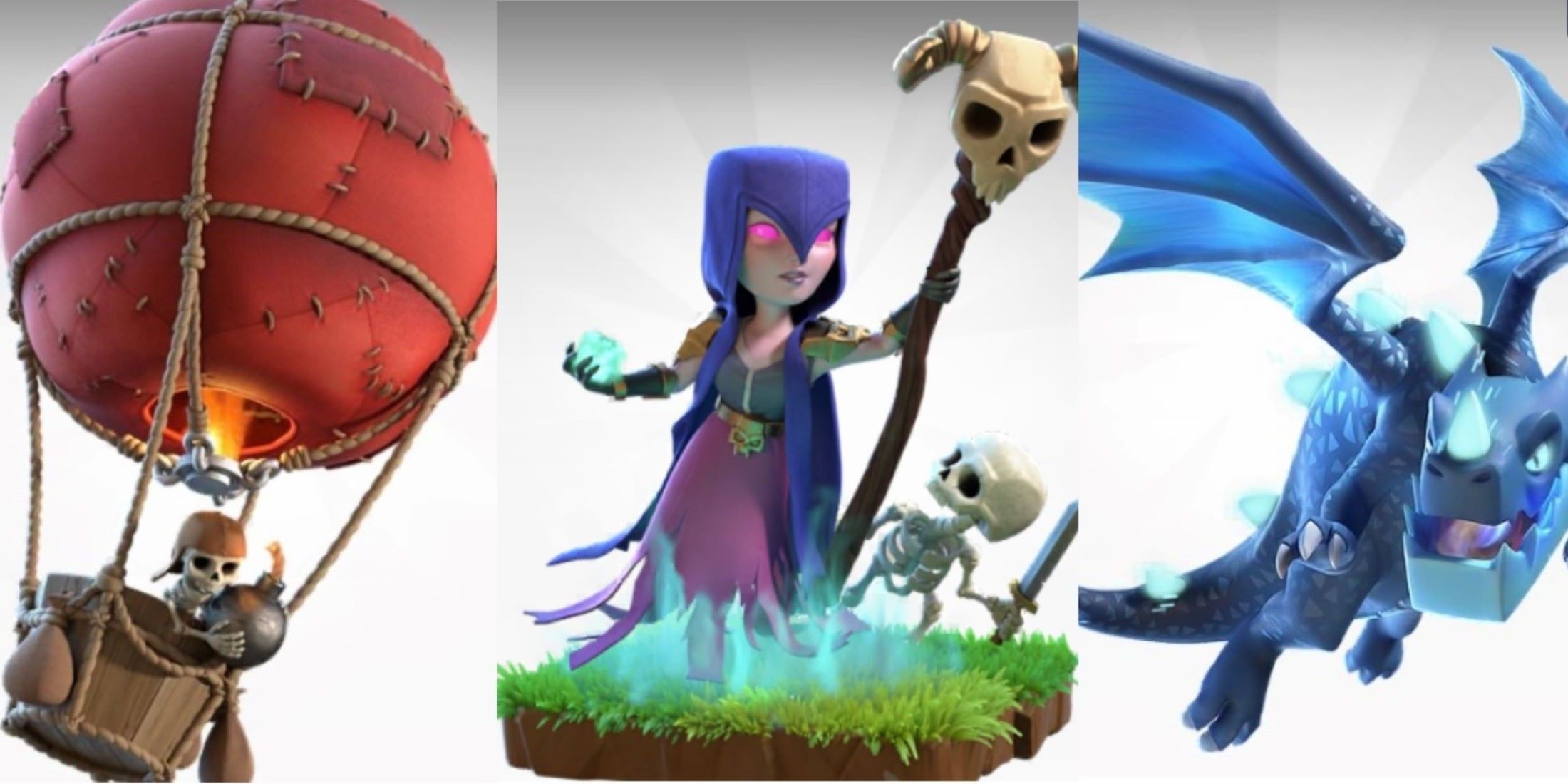 Balloon, Witch and Electro Dragon from Clash of Clans on a white background 