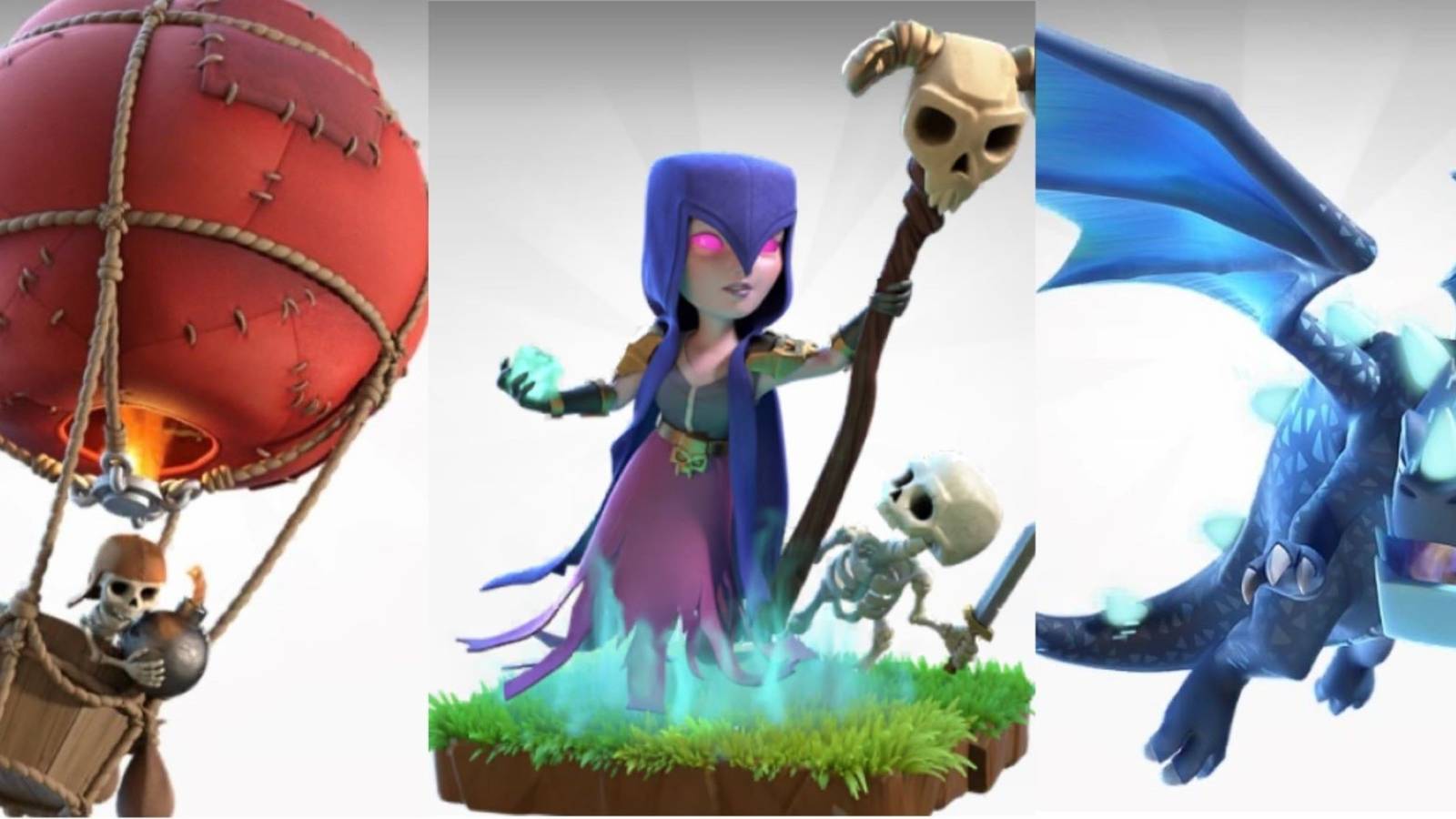 Balloon, Witch and Electro Dragon from Clash of Clans on a white background 