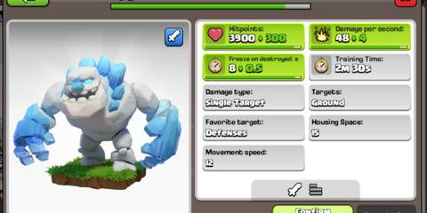 Clash of Clans Ice Golem next to a display of its stats