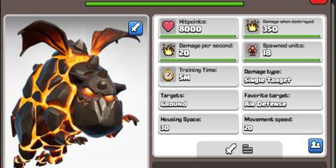 Clash of Clans Lava Hound next to a display of its stats