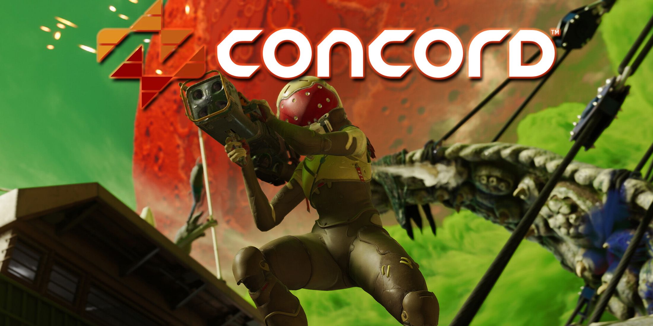 Concord character on green planet below game logo 2x1 composite