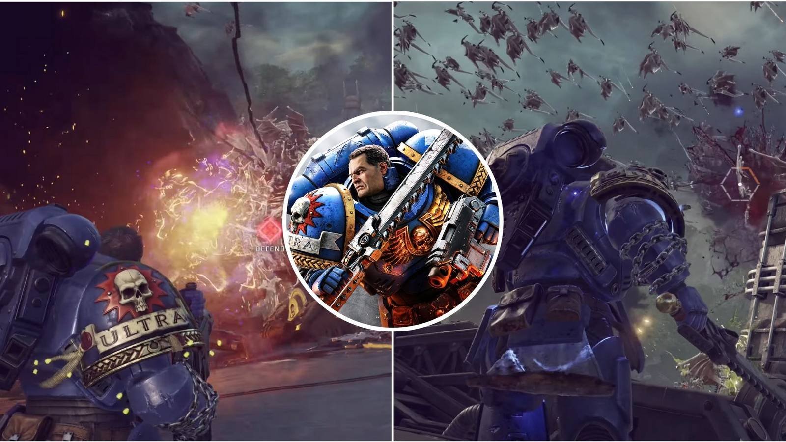 Featured image for Space Marine 2 featuring gameplay screenshots from the Skyfire mission.