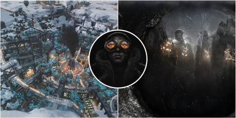Frostpunk 2 with gameplay screenshots and logo
