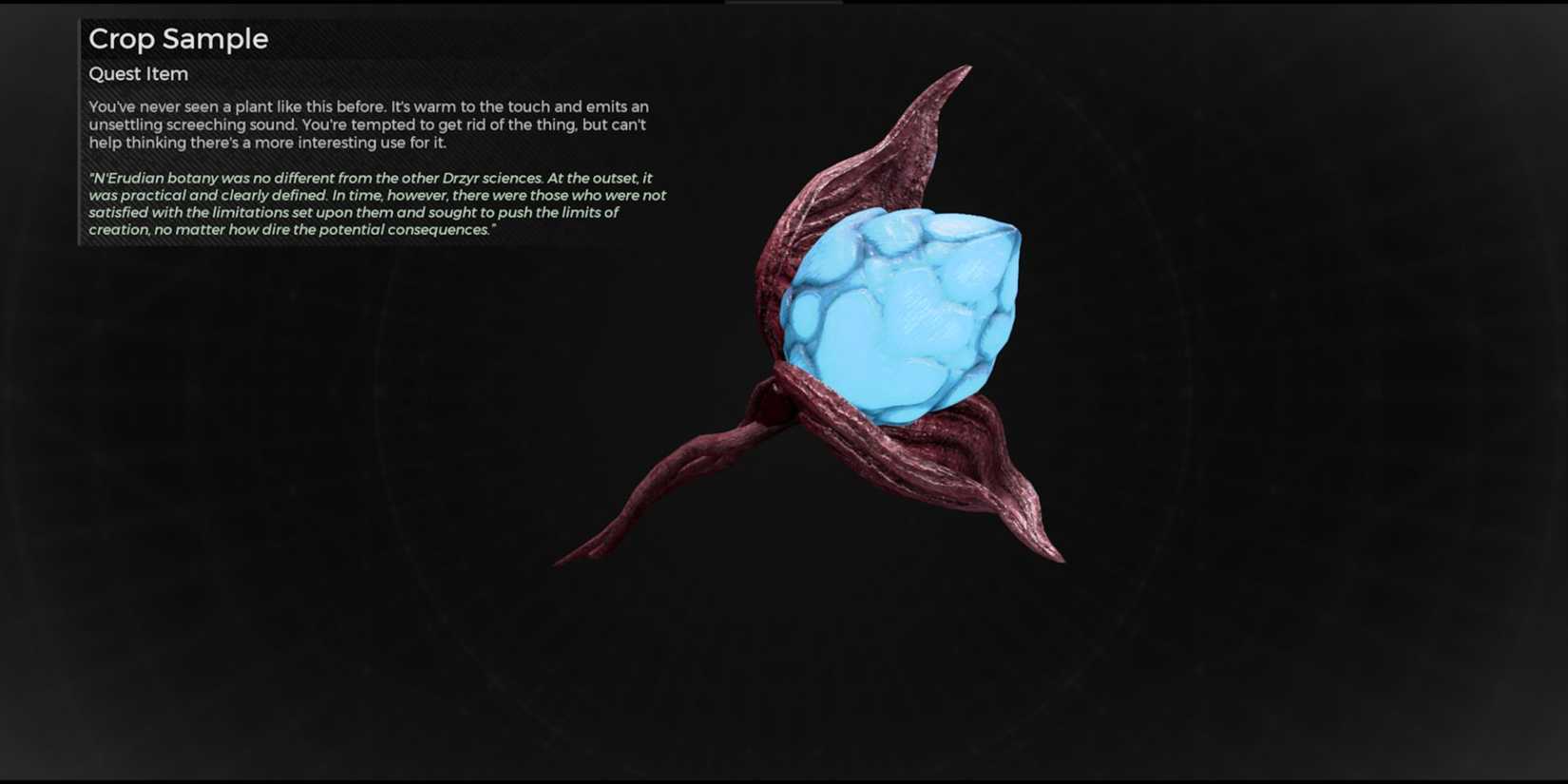 Crop Sample quest item description in Remnant 2 The Dark Horizon DLC