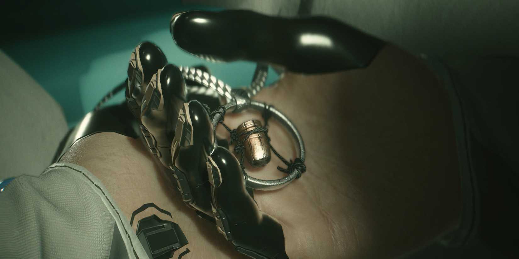 v stares at the necklace