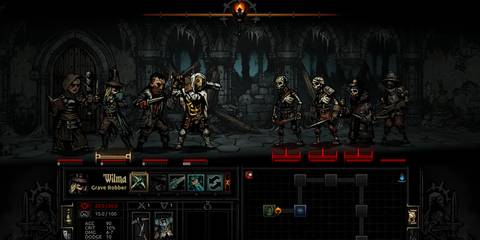 Dark fantasy combat in Darkest Dungeon featuring heroes battling skeletons in a dungeon