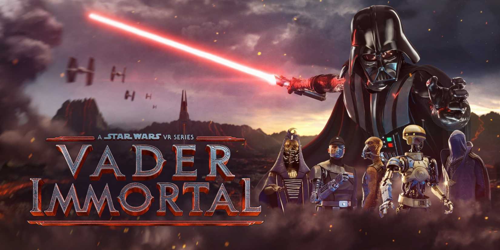 Darth Vader And The Protagonists Of Vader Immortal Stand In Action Poses Against A Volcanic Landscape