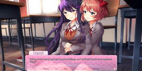Sayori comforting a crying Yuri by hugging her from behind
