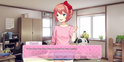 Sayori standing in a messy bedroom in Doki Doki Literature Club!