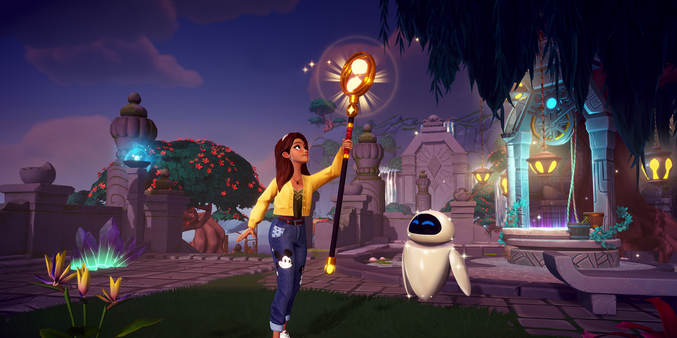 EVE with a Disney Dreamlight Valley character who is holding a staff