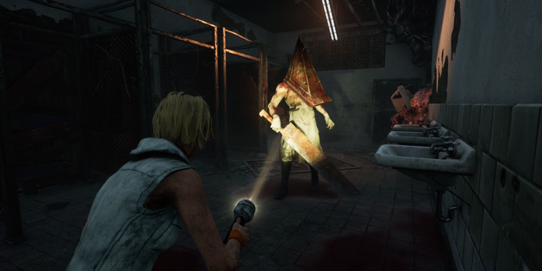 Dead by Daylight Heather shining a light on Pyramid Head