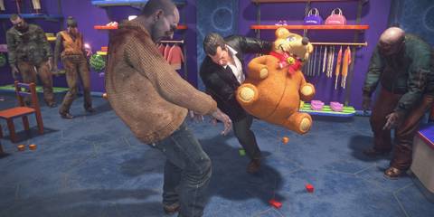 Frank attacking zombie with teddy bear