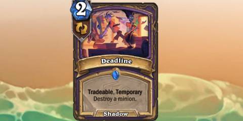 Deadline card from Hearthstone on a beach themed background