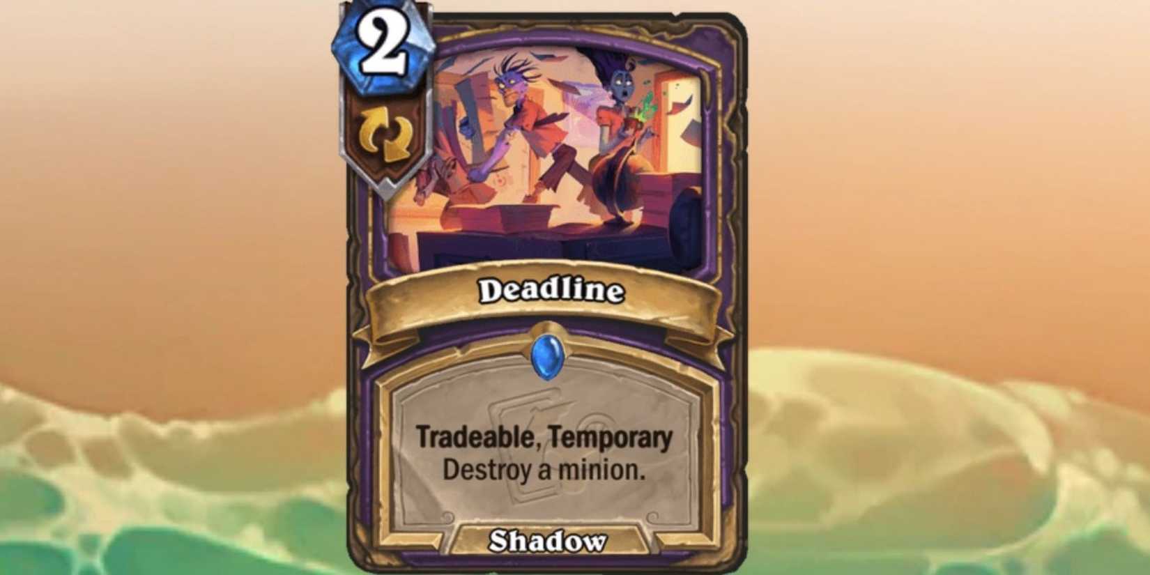 Deadline card from Hearthstone on a beach themed background
