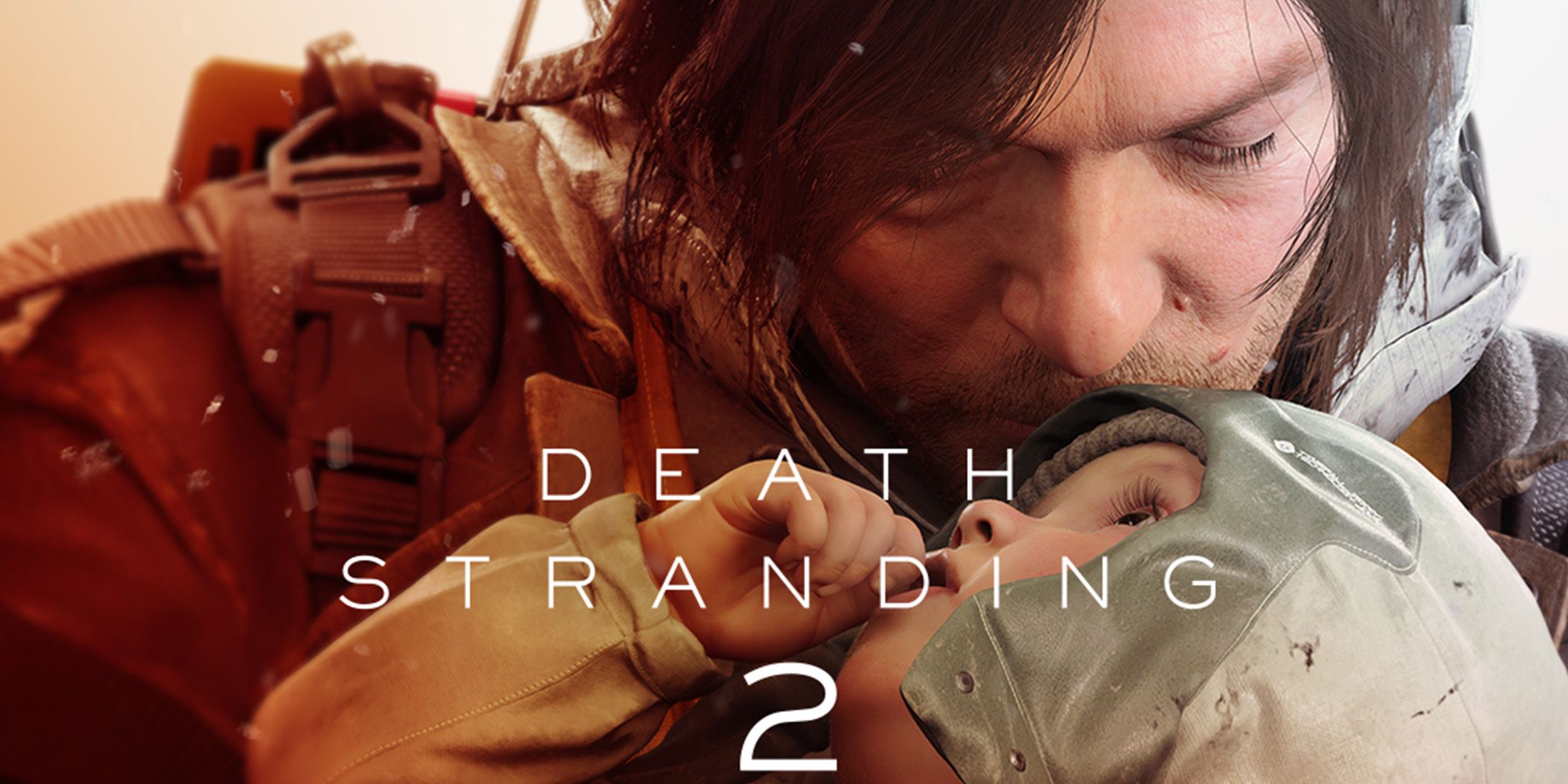 Death Stranding 2 Sam Porter Bridges kissing baby on forehead with white game logo 2x1 composite