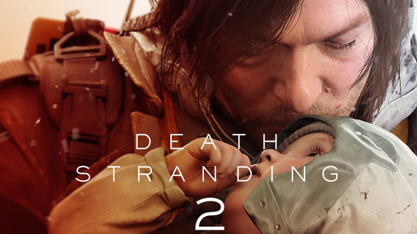 Death Stranding 2 Sam Porter Bridges kissing baby on forehead with white game logo 2x1 composite