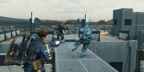 Sam Shooting an enemy and the enemy starts to disintegrate