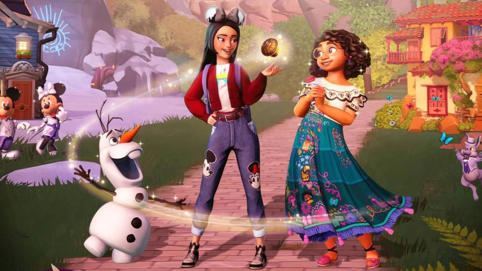 A player character with Mickey, Minnie, Olaf, and Mirabel in Disney Dreamlight Valley