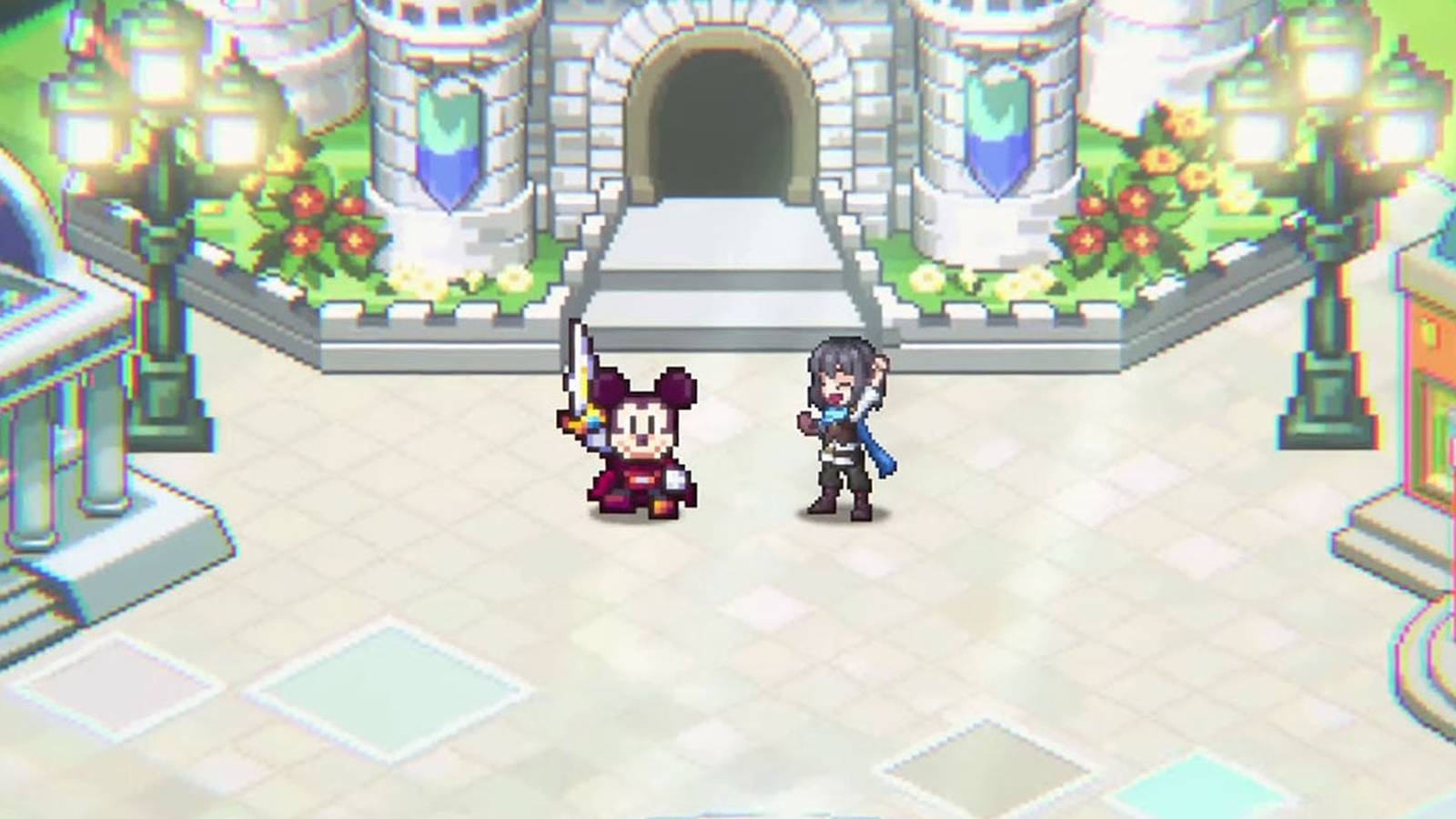 A screenshot of Mickey and the Player Character in front of a castle in Disney Pixel RPG.