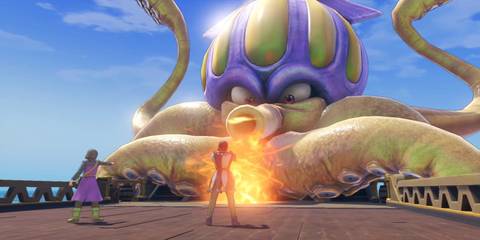 the luminary and sylvando fighting a giant squid