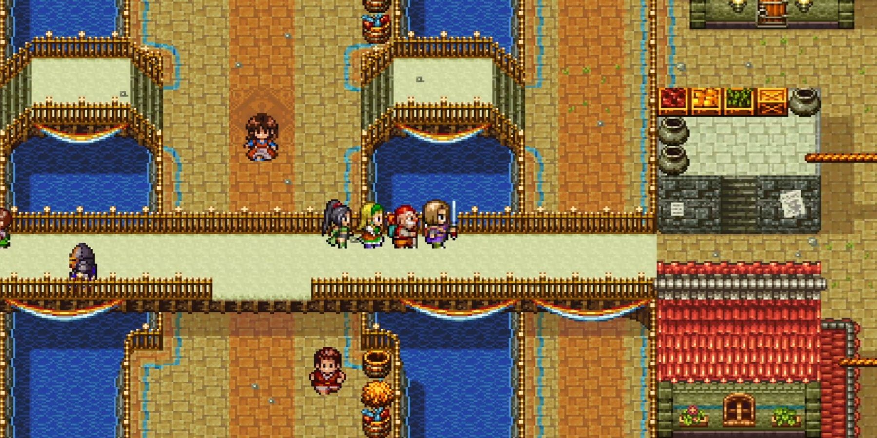 the party walking along a bridge in the 2d mode