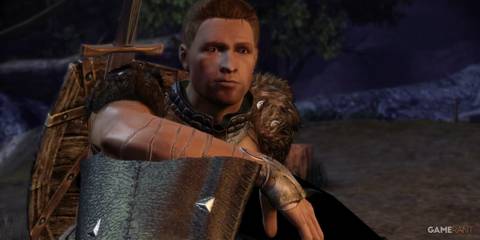 Alistair sitting at campfire in Dragon Age: Origins