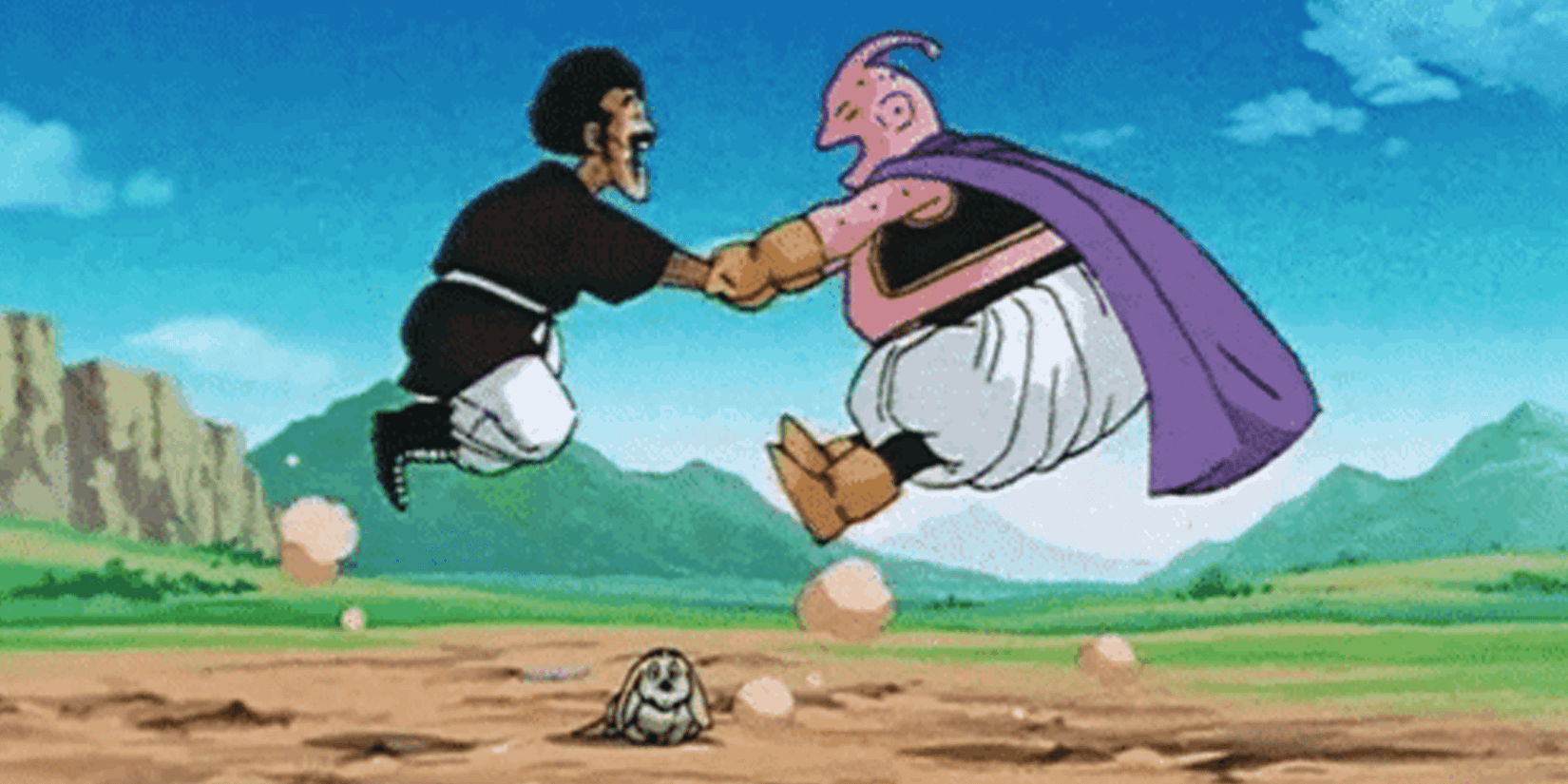 Dragon Ball Satan and Buu jumping in joy