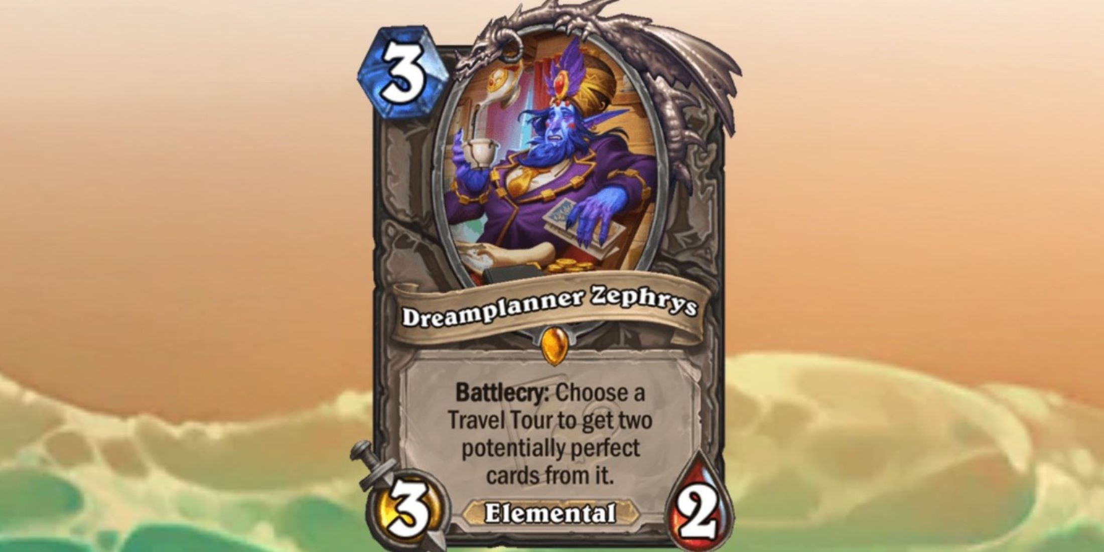 Dreamplanner Zephrys card from Hearthstone on a beach themed background