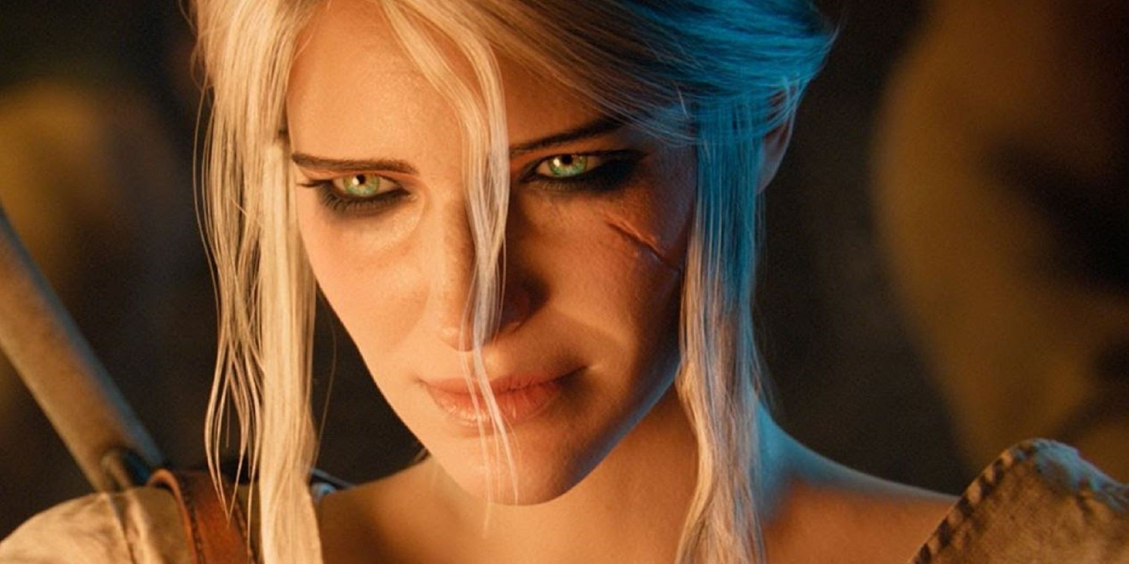 Close-up of Ciri from Gwent: The Witcher Card Game, showcasing her intense green eyes