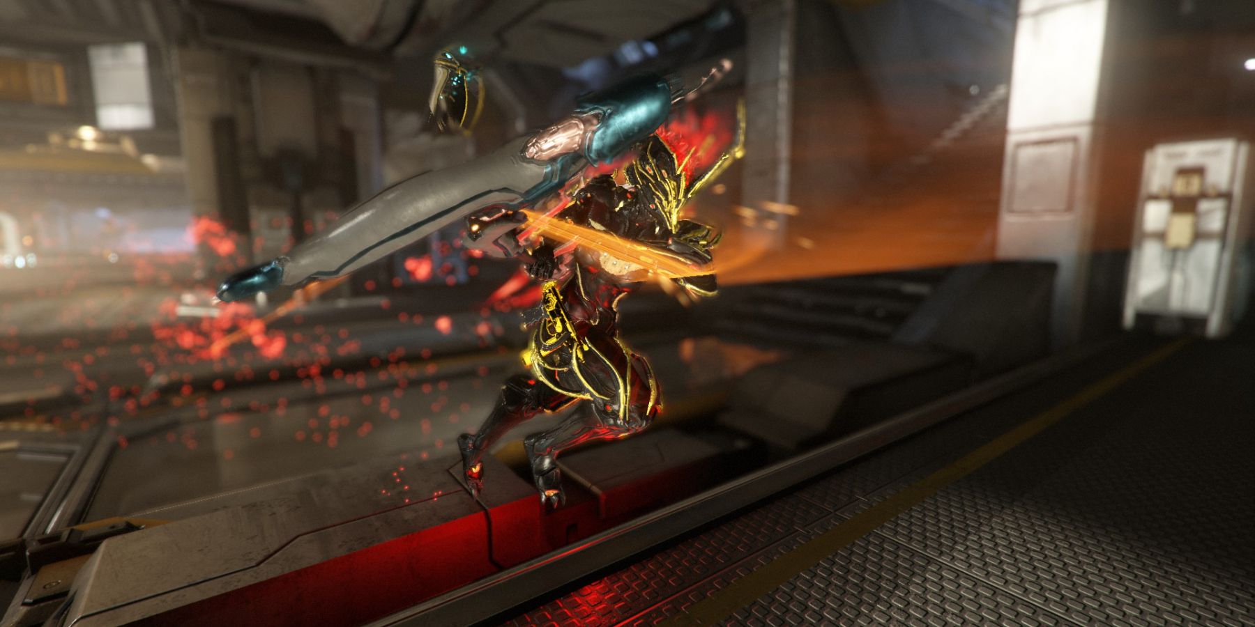 Ember Running With a Scythe weapon in Warframe