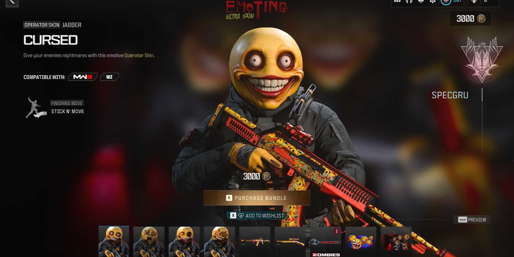 Screenshot showcasing the Emoting Ultra Skin Store Bundle in Modern Warfare 3 and Warzone 