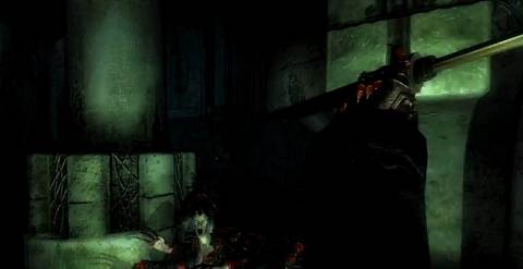 the player in a dungeon fighting an enemy