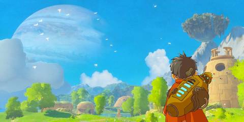 Zee looking upon the green fields and trees, with Jupiter looming large in the sky.