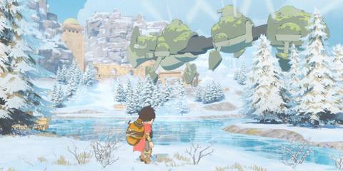 Zee by a river in a snowy region with pine trees.