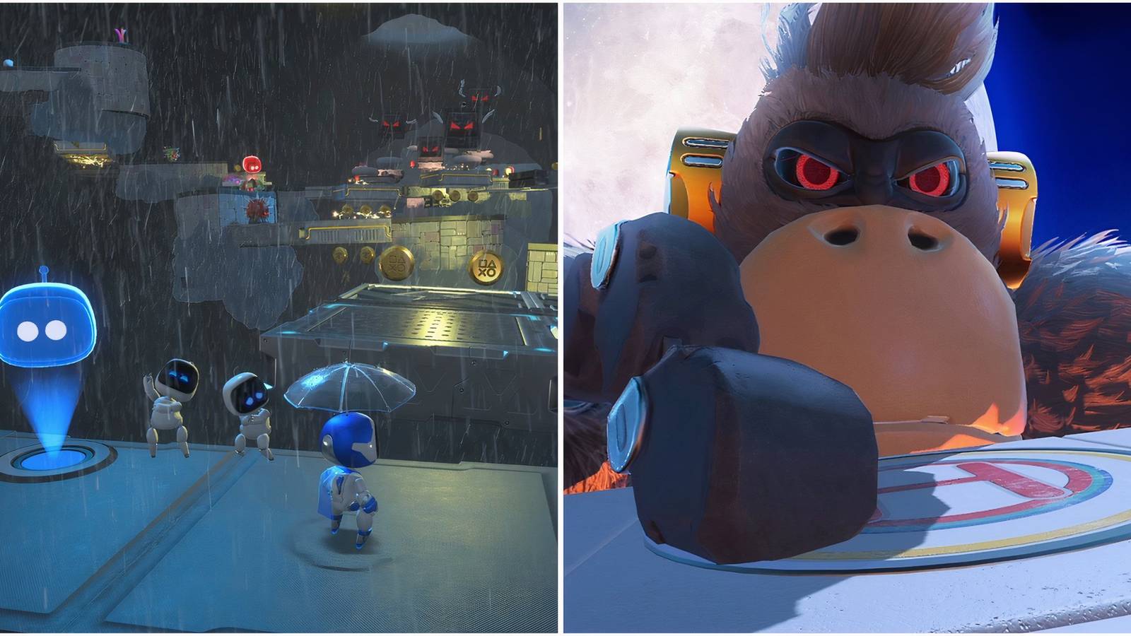 Exploring a level in the rain in Astro's Playroom and Mighty Chewy in Astro Bot Rescue Mission