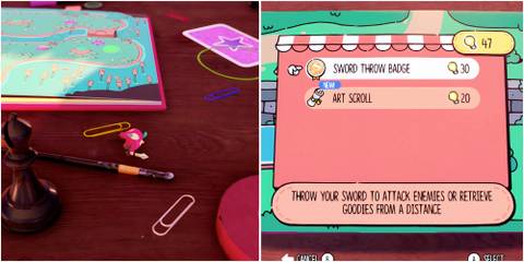 Exploring the desk and Buying the Sword Throw Badge in The Plucky Squire