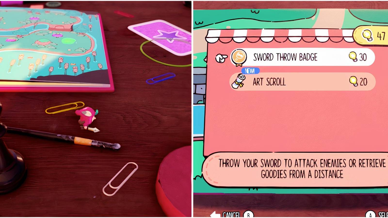 Exploring the desk and Buying the Sword Throw Badge in The Plucky Squire