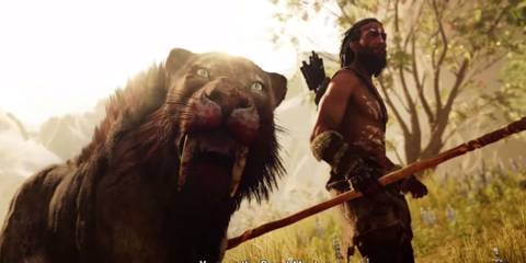 The Bloodfang Sabretooth from Far Cry Primal alongside a hunter