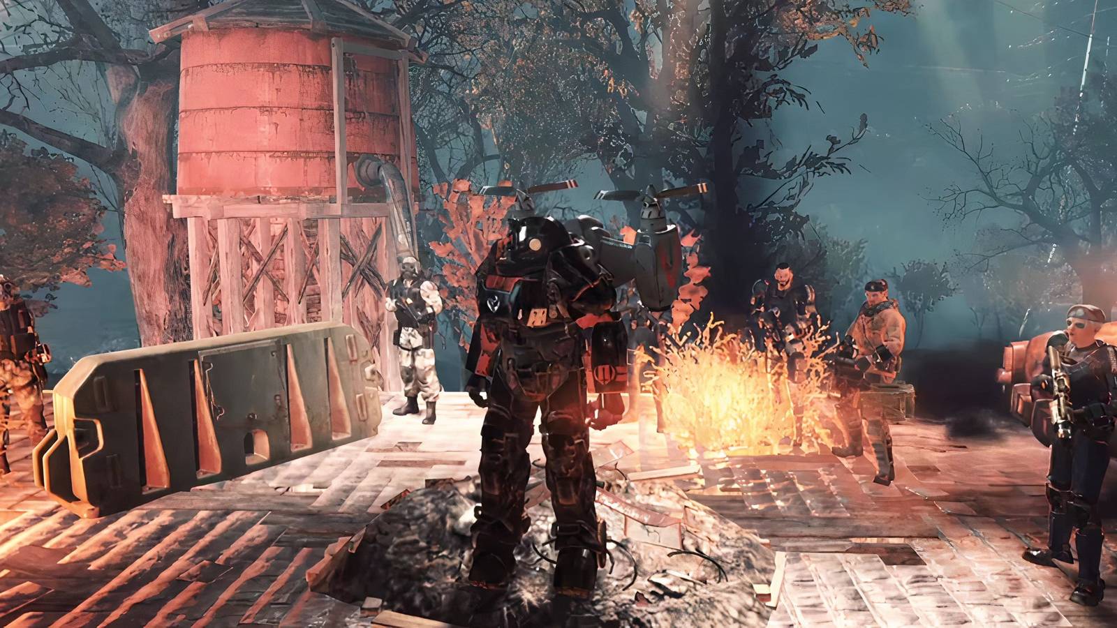 A Player Wearing A Power Armor Surrounded By NPCs